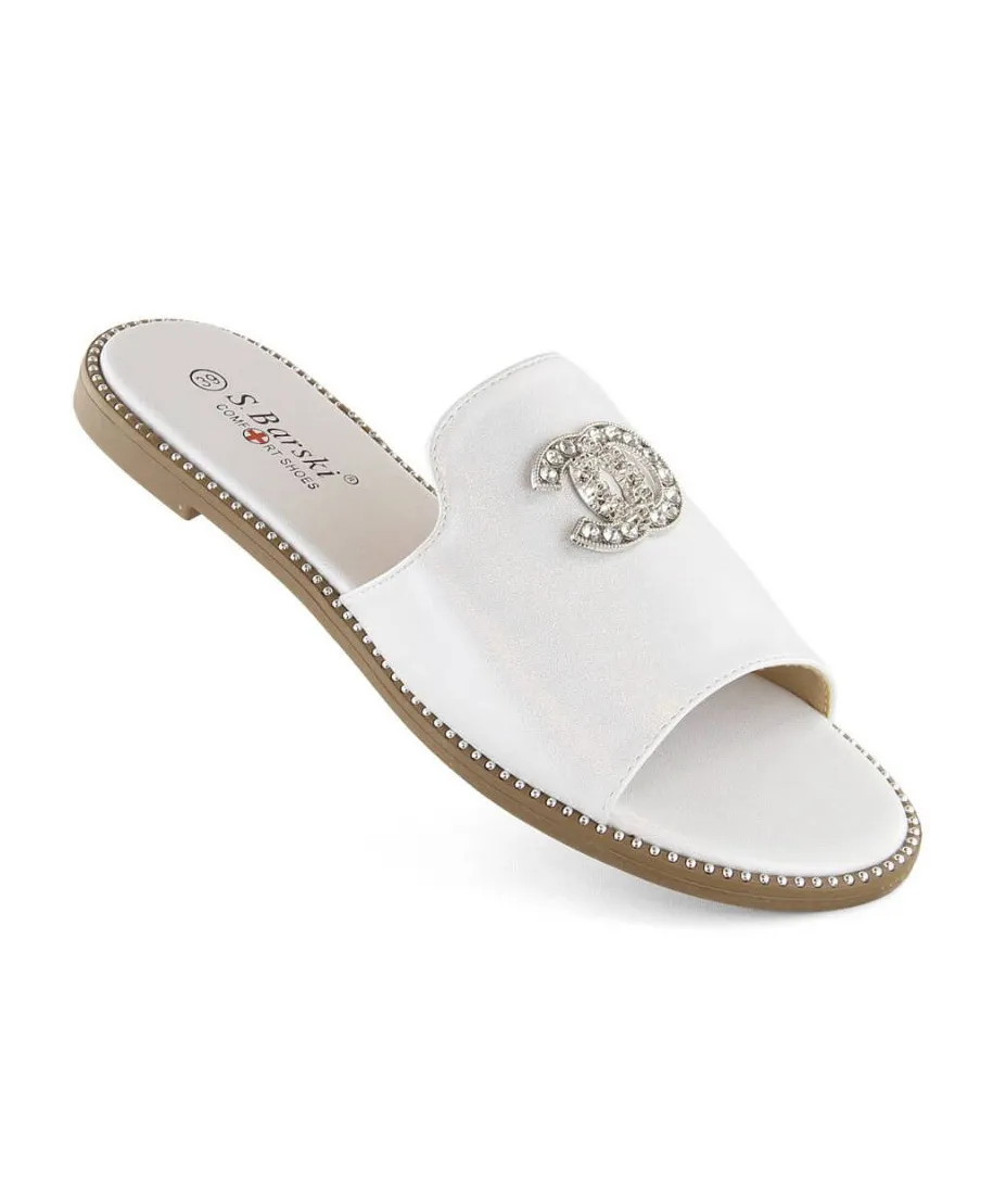 Comfortable slippers with zircons S Barski W OLI258B white