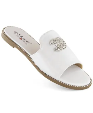 Comfortable slippers with zircons S Barski W OLI258B white