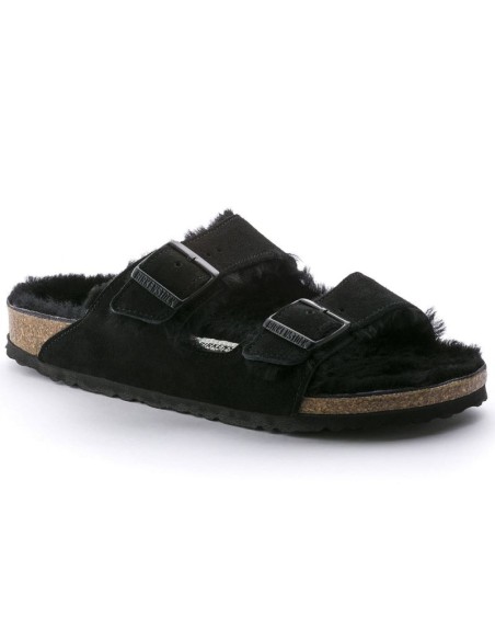 Klapki damskie ocieplane z wełną owczą Birkenstock Arizona VL Shearling Black skóra zamszowa regular szerokie (0752661)