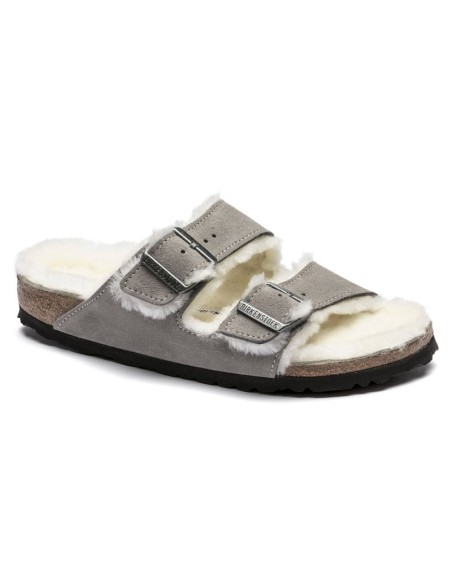 Klapki damskie/męskie ocieplane Birkenstock Arizona Shearling Stone Coin zamsz z wełną owczą regular szerokie (1017402)