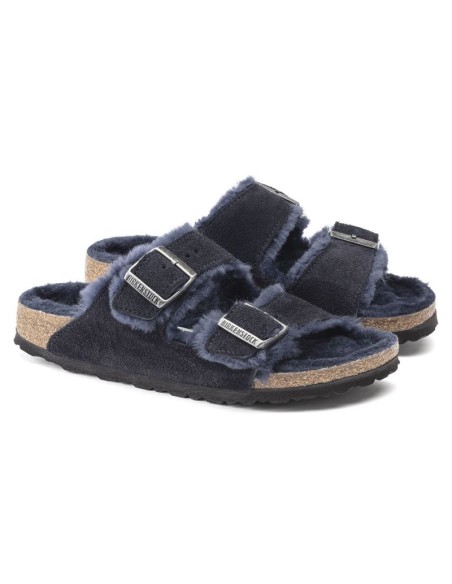 Klapki ocieplane Birkenstock Arizona VL Shearling Midnight skóra zamszowa wąskie narrow (1020583)